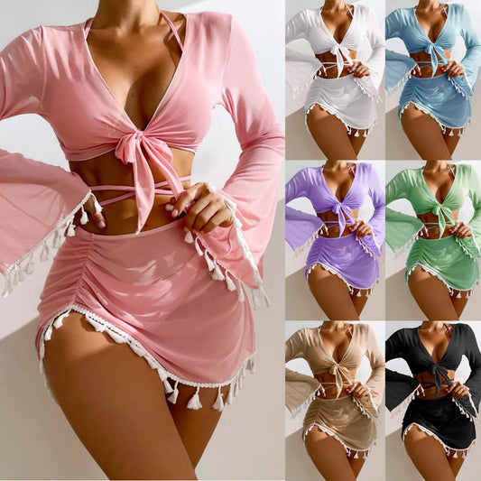 4pcs Solid Color Bikini With Short Skirt And Long Sleeve Cover-up  Swimsuit Set