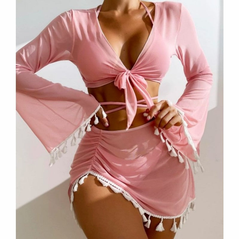 4pcs Solid Color Bikini With Short Skirt And Long Sleeve Cover-up  Swimsuit Set