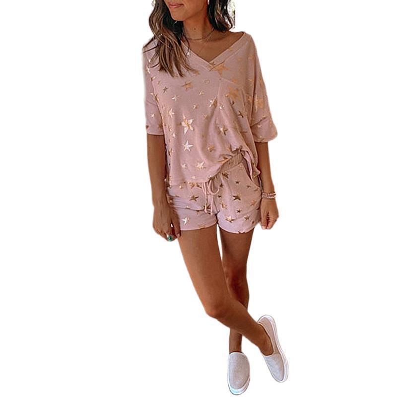 Five-Pointed Star Print Short-Sleeved Casual Home Wear Suit Pajamas Women