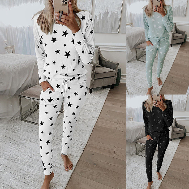 Printed Long-Sleeved Casual Home Service Suit Pajamas Women