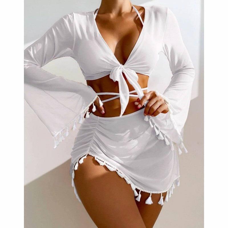 4pcs Solid Color Bikini With Short Skirt And Long Sleeve Cover-up  Swimsuit Set