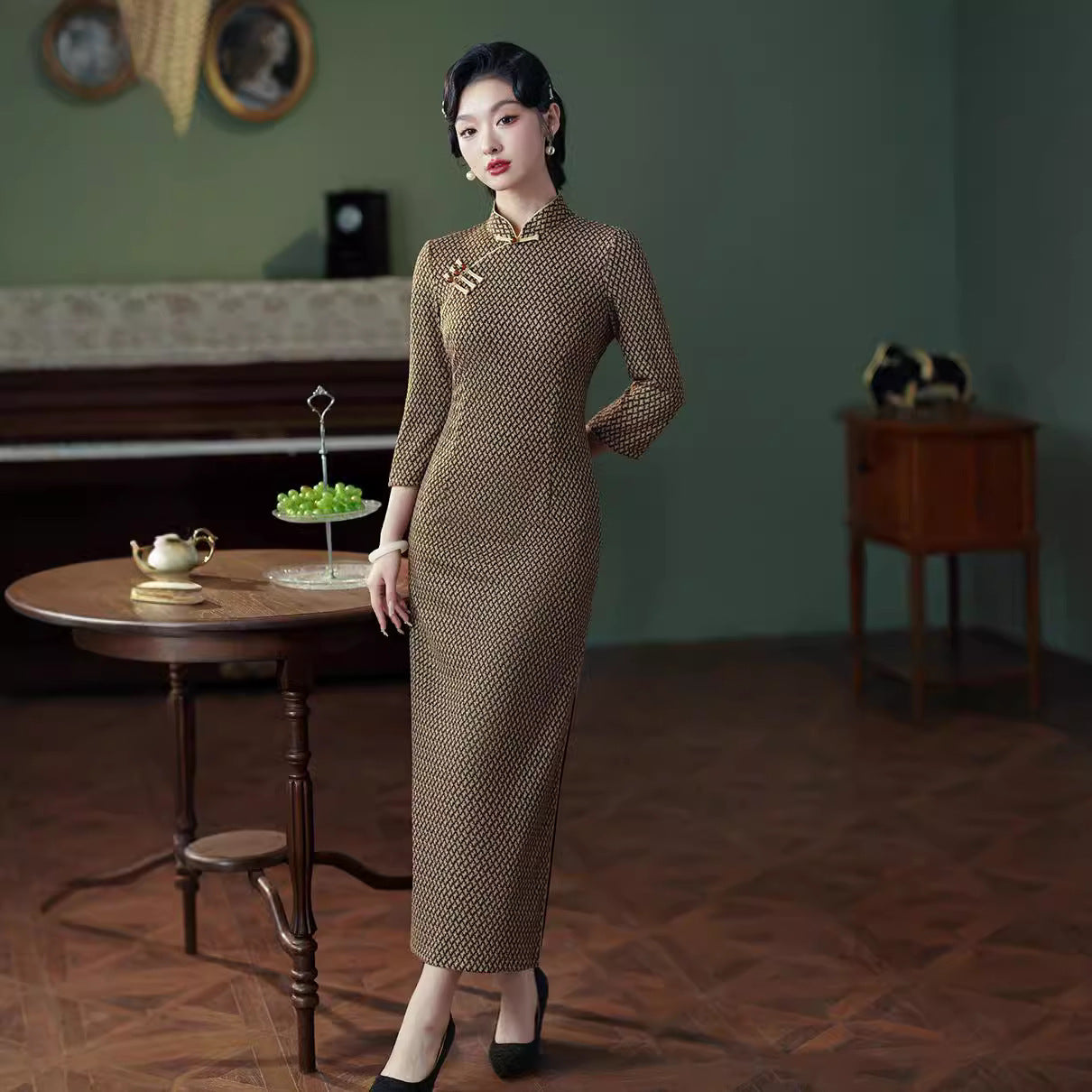 2024 New Cheongsam Autumn And Winter Houndstooth Slim Fit Elegant Simple