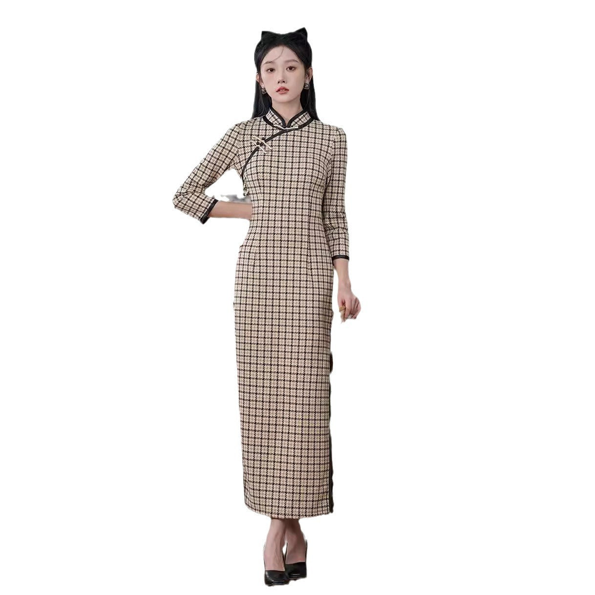 Cheongsam New Rabbit Woolen Improved Plaid Retro Cheongsam