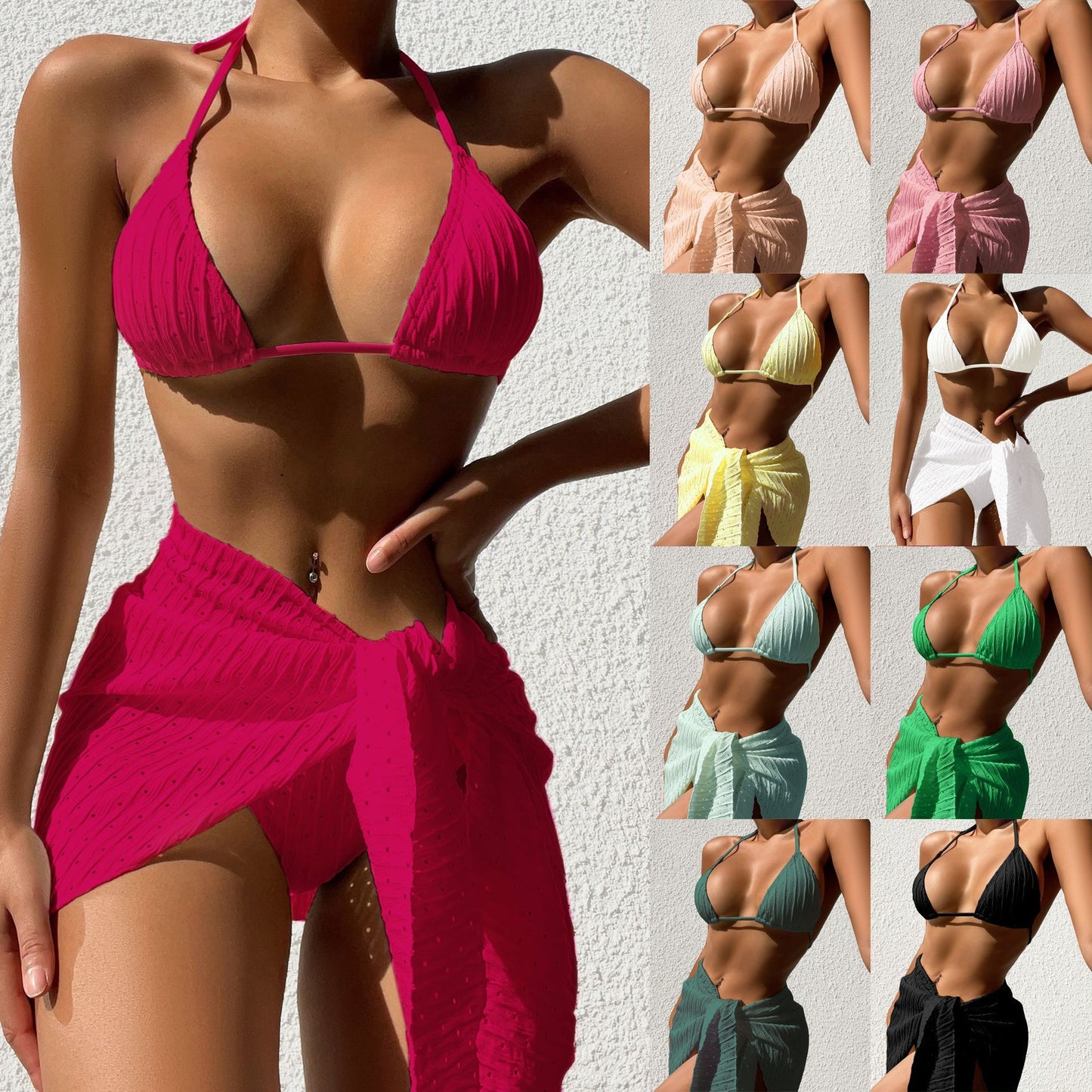 3pcs Swimsuit Set Beach Solid Color Sexy Backless Bikini With Mesh Skirt Summer