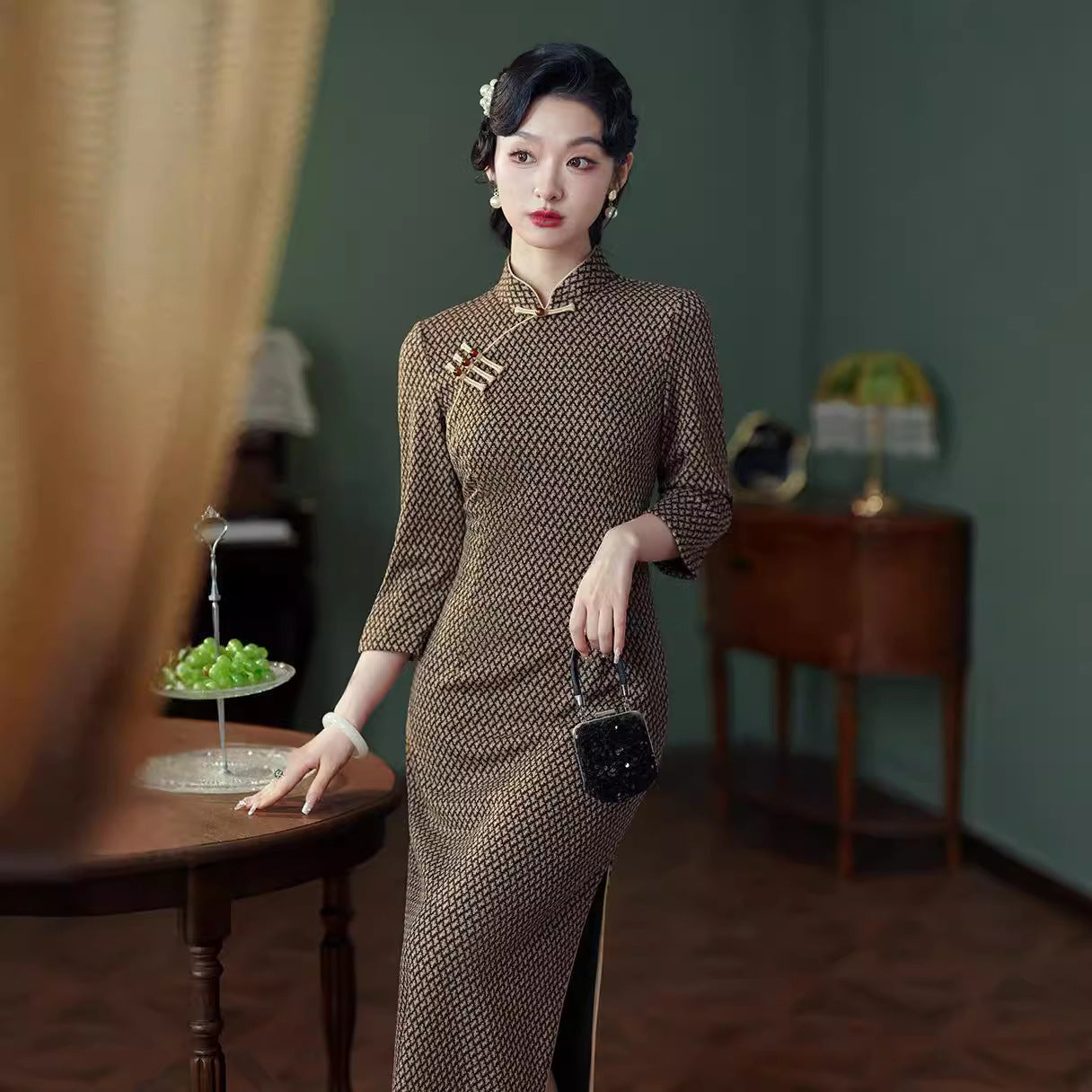 2024 New Cheongsam Autumn And Winter Houndstooth Slim Fit Elegant Simple