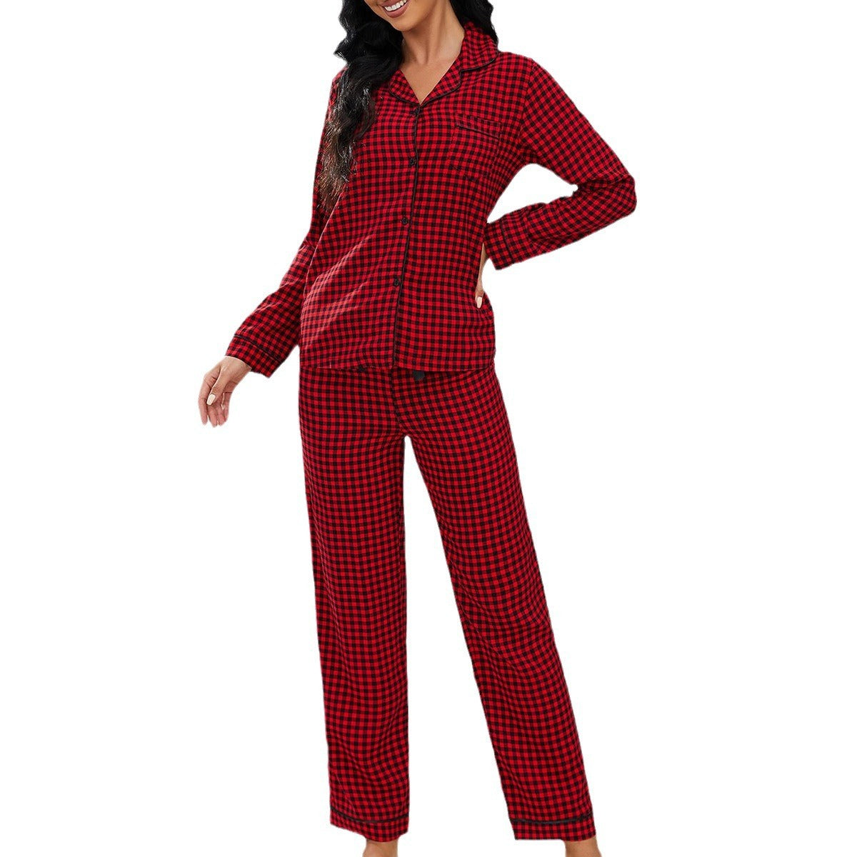 European And American Style Pajamas Women's Autumn And Winter Long-sleeved Red Shirt Trousers Home Wear Suit