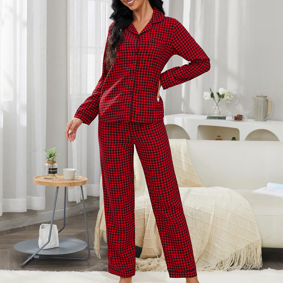 European And American Style Pajamas Women's Autumn And Winter Long-sleeved Red Shirt Trousers Home Wear Suit