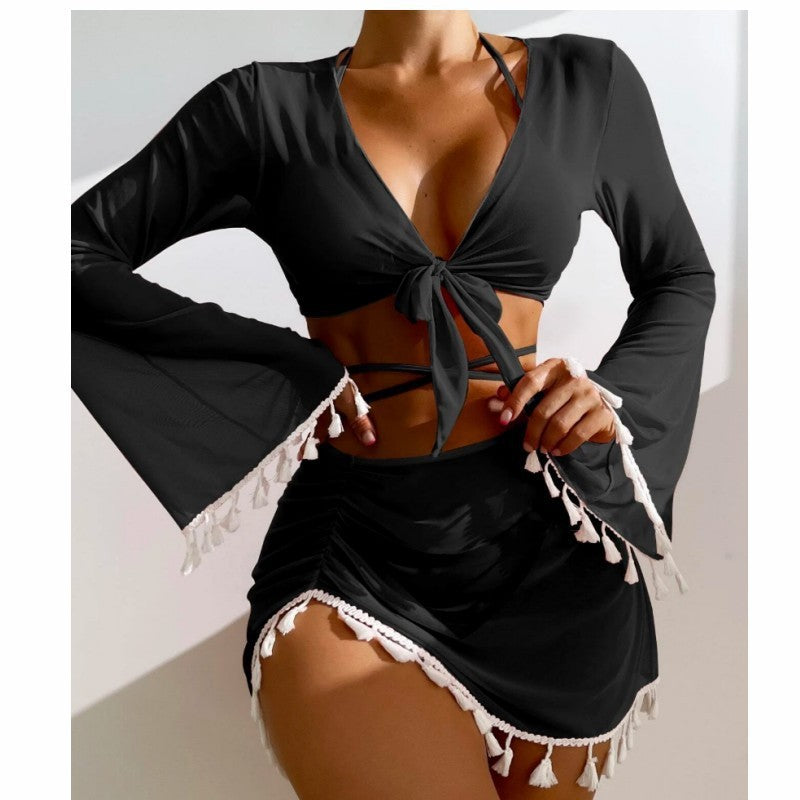 4pcs Solid Color Bikini With Short Skirt And Long Sleeve Cover-up  Swimsuit Set