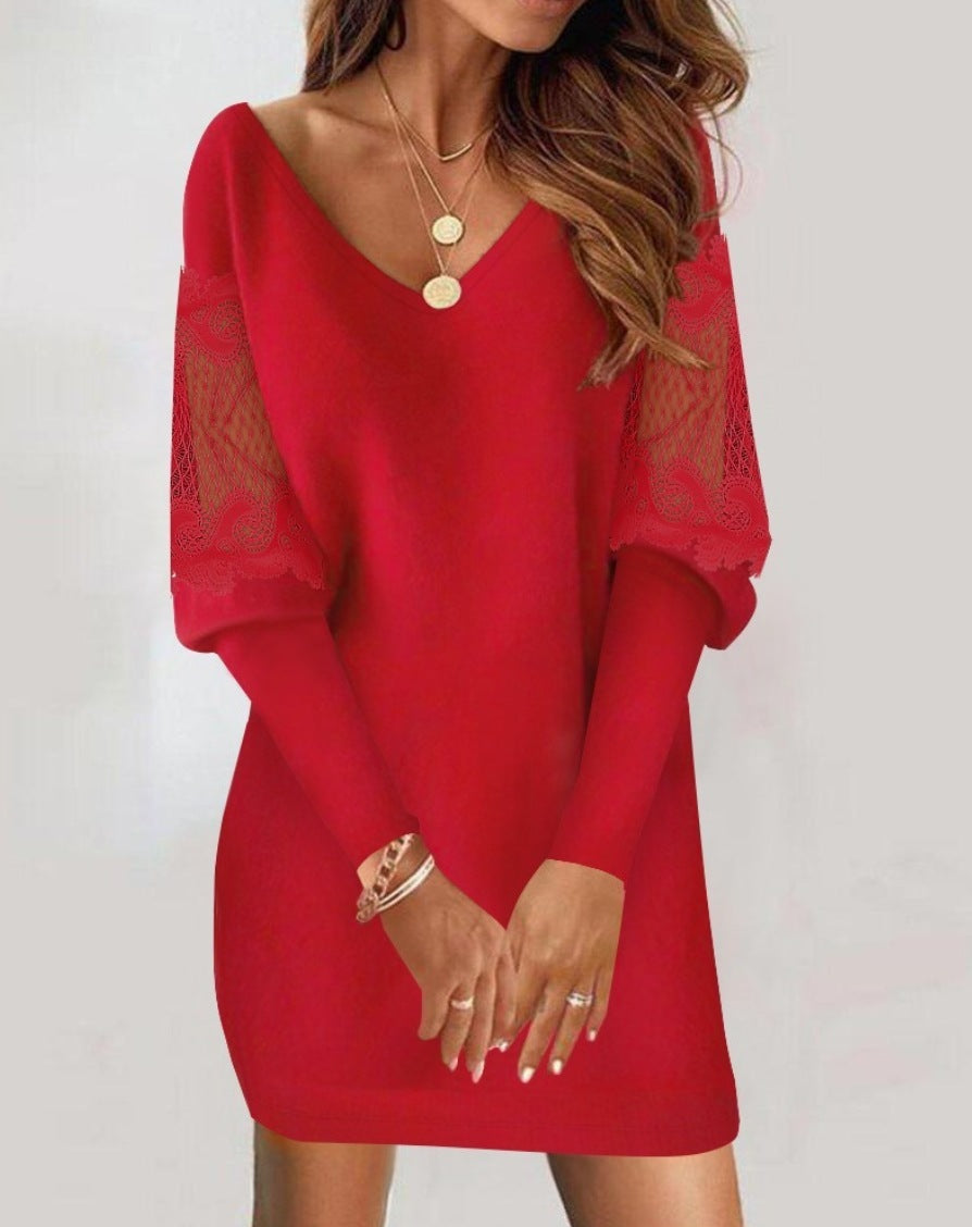 V-neck Long Sleeve Printed Lace Stitching Dress Women