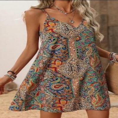 Bohemian Printed V Neck Spaghetti Strap Backless A-Line Dress, Perfect For Music Festivals