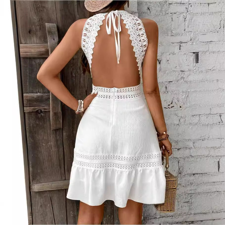 Solid Color Hollow Lace Stitched Backless Halter Lace-up Mini Skirt